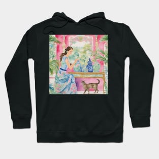 Girl in preppy dress and her cat in chinoiserie interior Hoodie